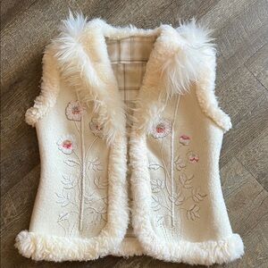 Elegant Cream Floral Hand Embroidered Women's Vest, Natural Sheepskin and Wool